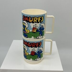 Vtg. Deka Smurfs Cartoon Mugs 2 Plastic Cups 1980 U.S.A. Saturday Nostalgia